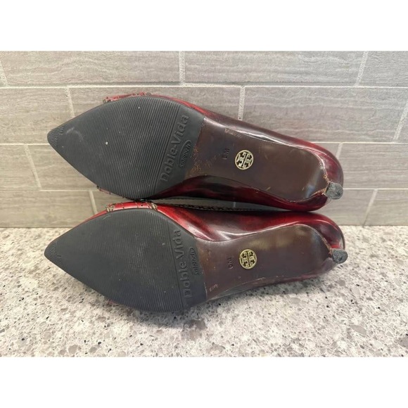 Deep Red Tory Burch Pointed Toe Patent‎ Leather Resoled Kitten Heels *blemishes* - Picture 4 of 10